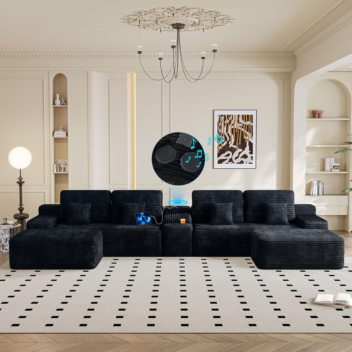 150" Oversized Black Boneless Sectional Couches for Living Room w/ Storage