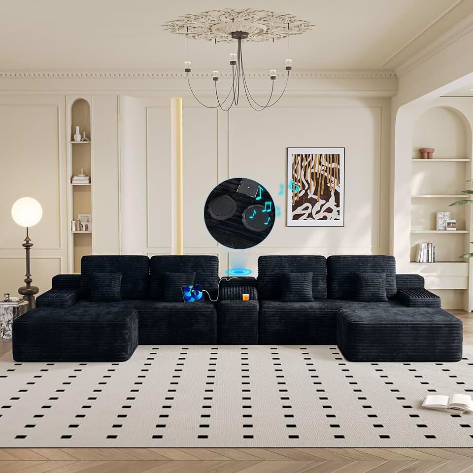 150" Oversized Black Boneless Sectional Couches for Living Room w/ Storage