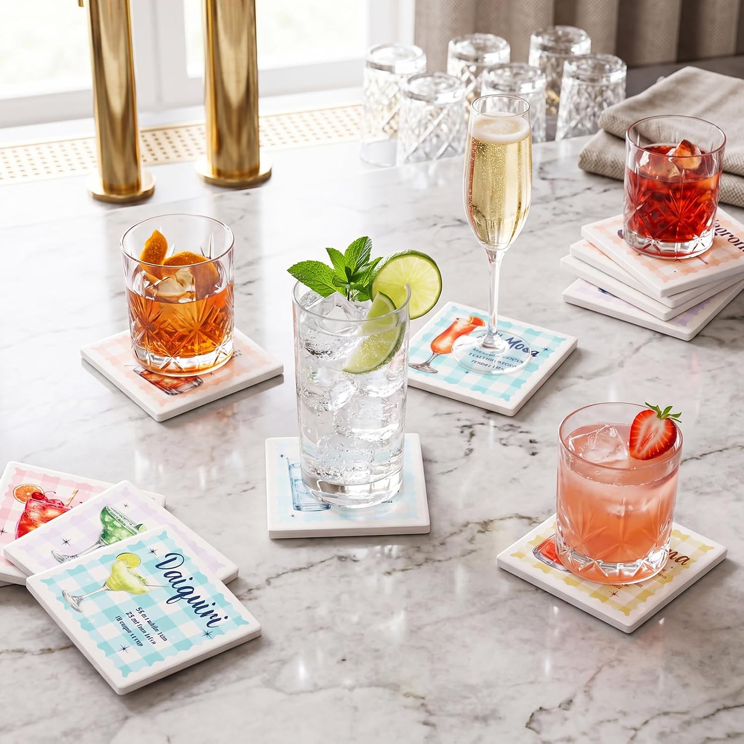 Set of 15 Colorful Cocktail Recipe Wooden Coasters, 3.6 Inch Round Bulk Drink Coasters for Coffee Table Bar Farmhouse, Housewarming Gift for New Home Decor image 4