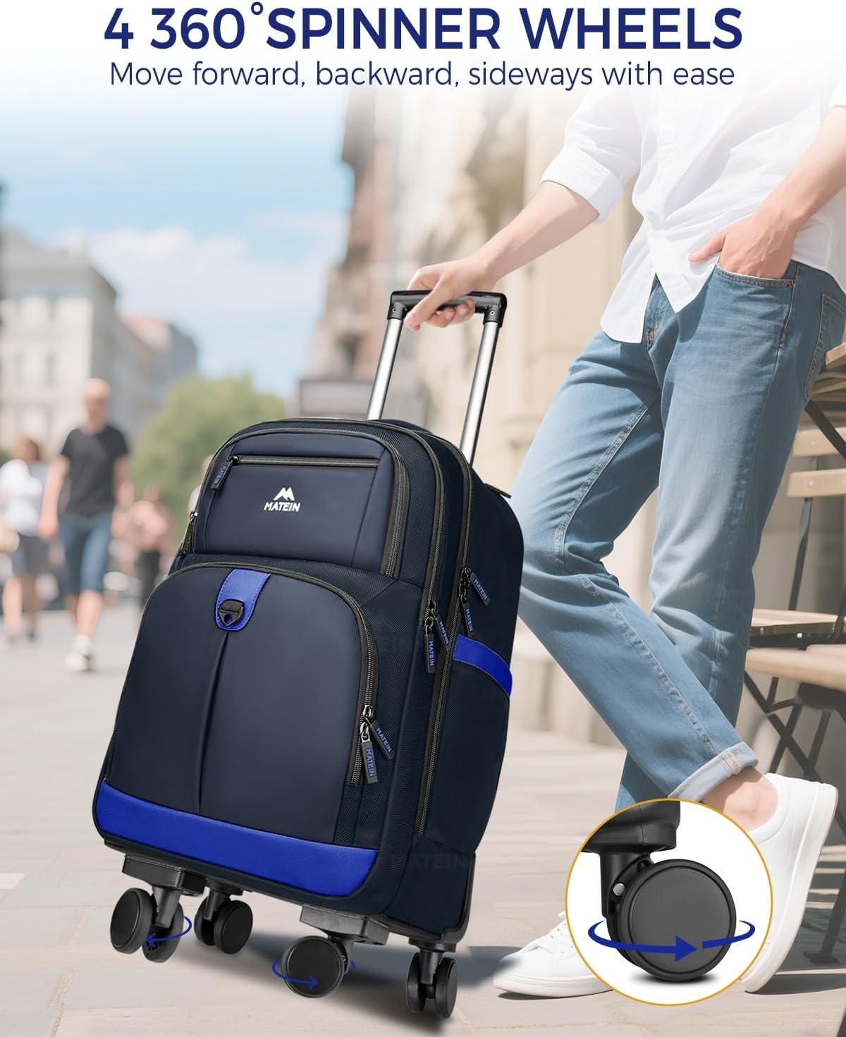 MATEIN Rolling Backpack 4 Wheels, 17 Inch Lightweight Rolling Backpack with Shoulder Straps, Water Resistant Roller Laptop Bag Carryon Luggage, Wheeled Travel Daypack for Business Men Adults