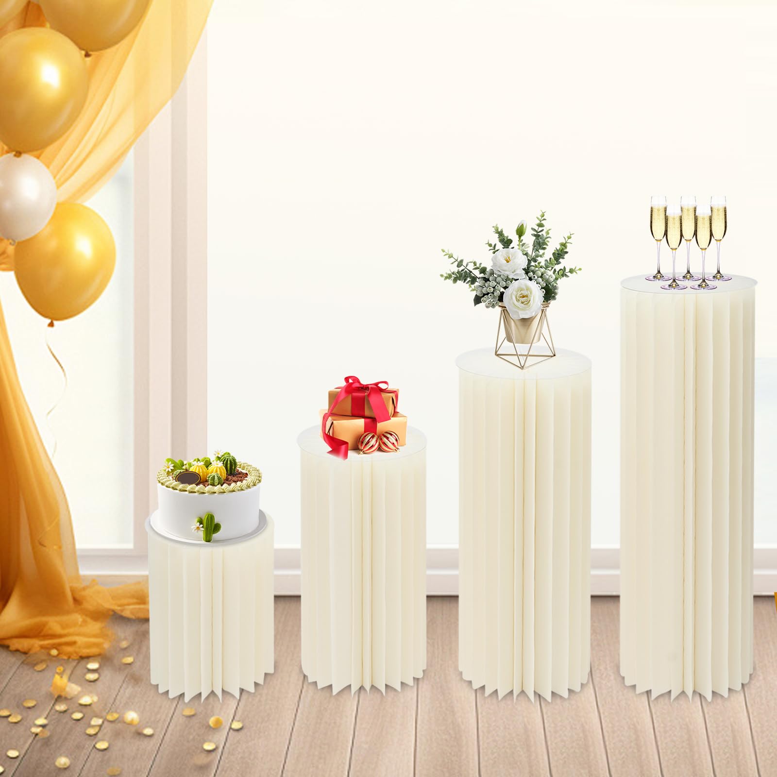 4er Set Blumenständer Faltbare Papier-Blumensäulen, Runde Karton Pflanzenständer Hintergrund Deko Hochzeitsvase mit Klare PVC-Platten, für Hochzeit Geburtstag Party, Weiß, 40/60/80/100cm