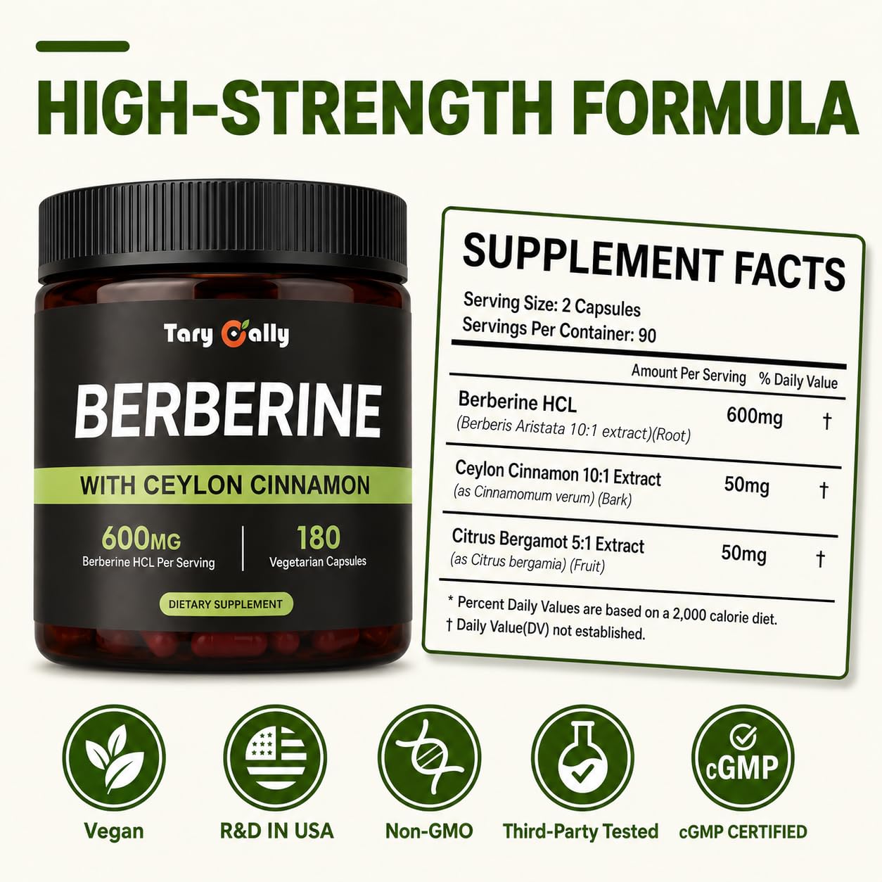 Berberine 600mg + Ceylon Cinnamon & Citrus Bergamot, 180 Veg Capsules — Amazon image 2