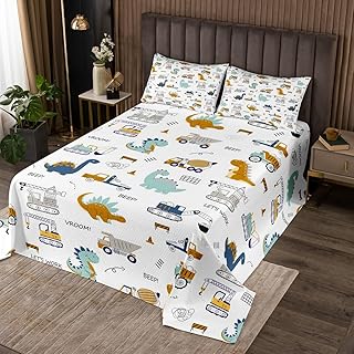 Homewish Juego de colcha para niños, diseño de caricaturas, color marrón y azul, con diseño de dinosaurio, para niños, maquinaria de tractor, camiones, decoración de habitación, juego de ropa de cama
