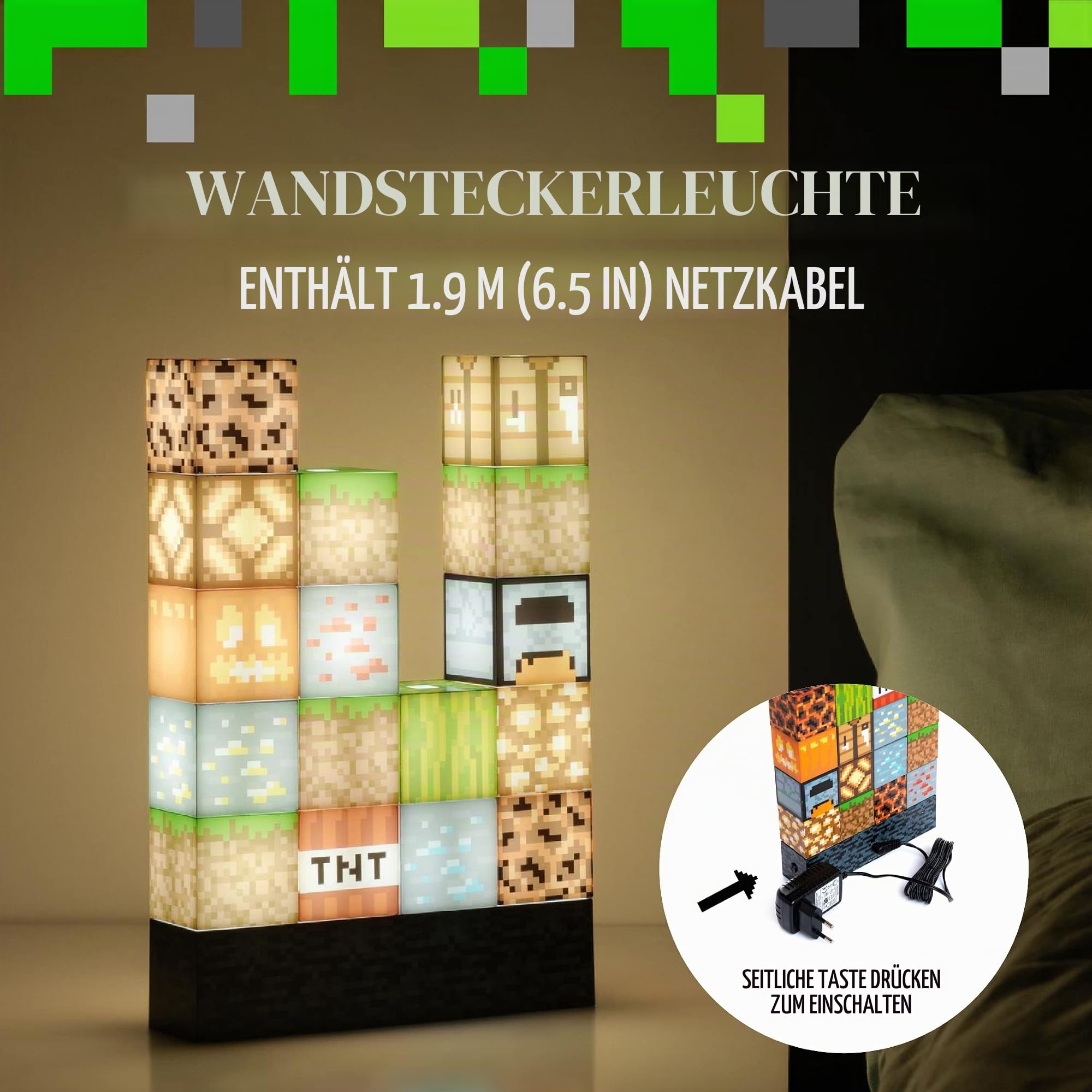 Paladone Minecraft Block Building Light - 16 umlagerbare Lichtblöcke und Grundgesteinsbasis, bauen Sie Ihr eigenes Level
