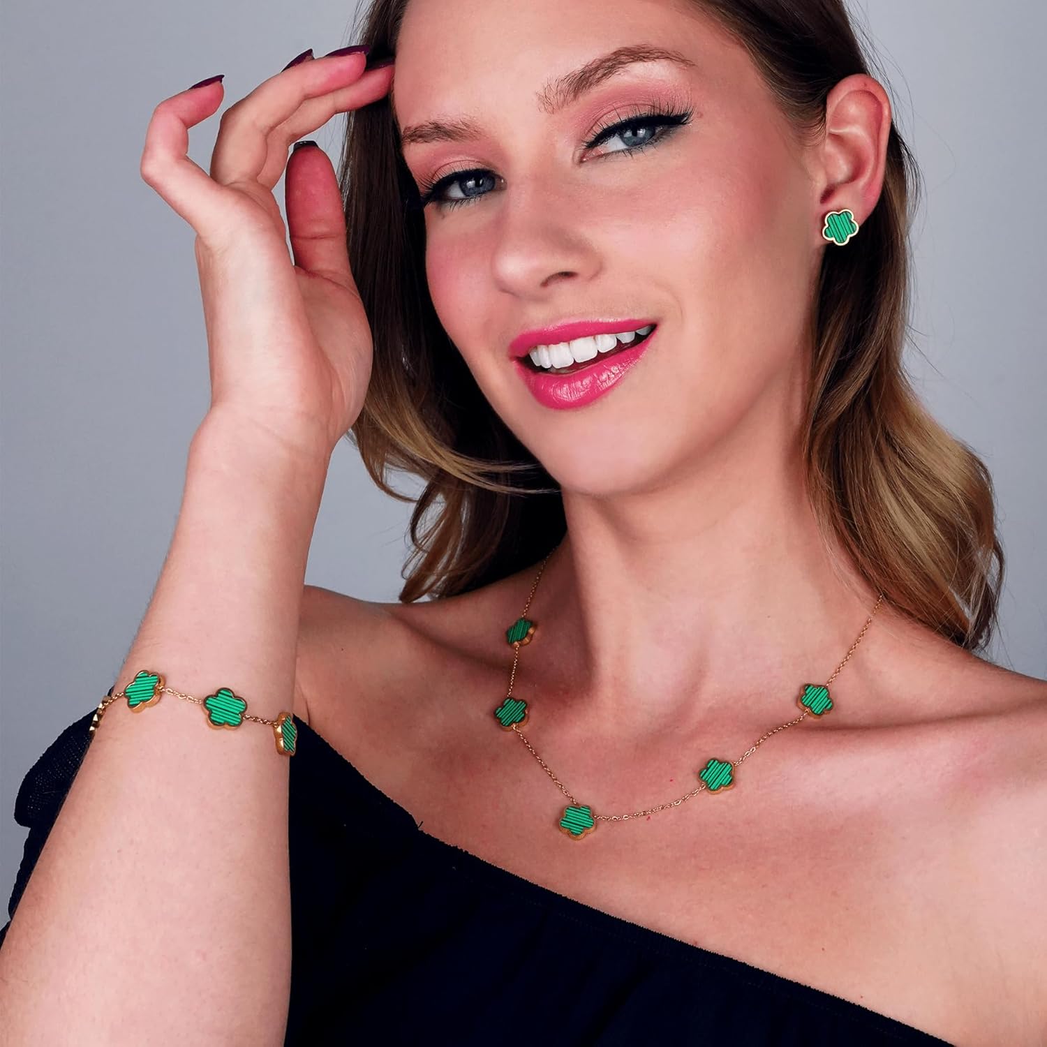 Five Leaf Clover Jewelry Set for Women |18K Gold Plated Bracelet Necklace Earrings | 5 Leaf Lucky Choker and Ear Studs for Mother and Daughter - Image 3