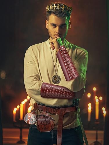 Miniatura 6 de Conjunto medieval de cuero sintético para adultos, protectores de brazo de piel sintética con cordón, bolsa de piel sintética para Halloween,