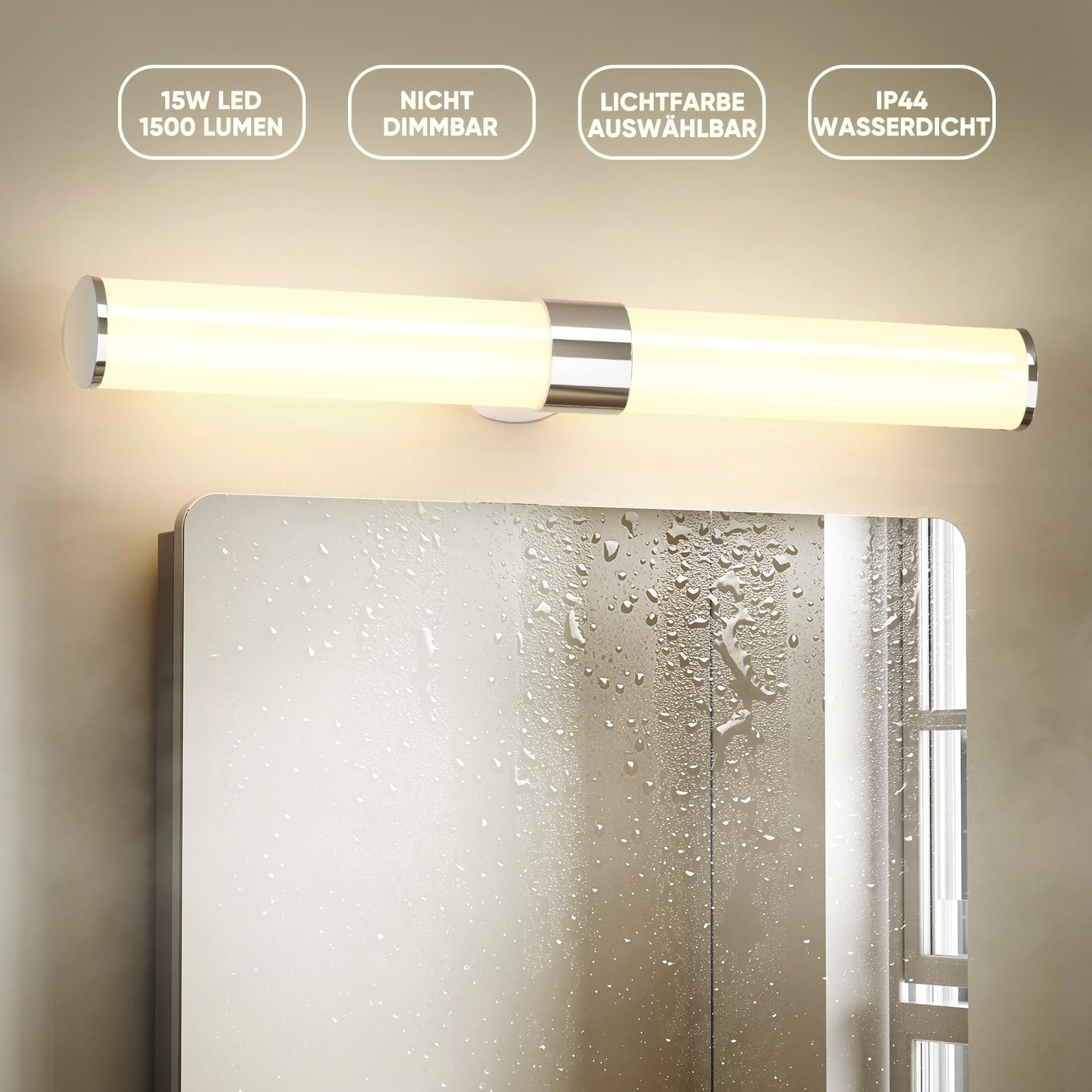 LED Wandleuchte Innen für über Spiegel Bad, 15W 1500Lm Badezimmer Lampe Wand, 60CM Breit IP44 Wasserdicht Spiegellampe, Silber Chrom, Nicht Dimmbar, 3 Lichtfarben Modi, Kein Schalter