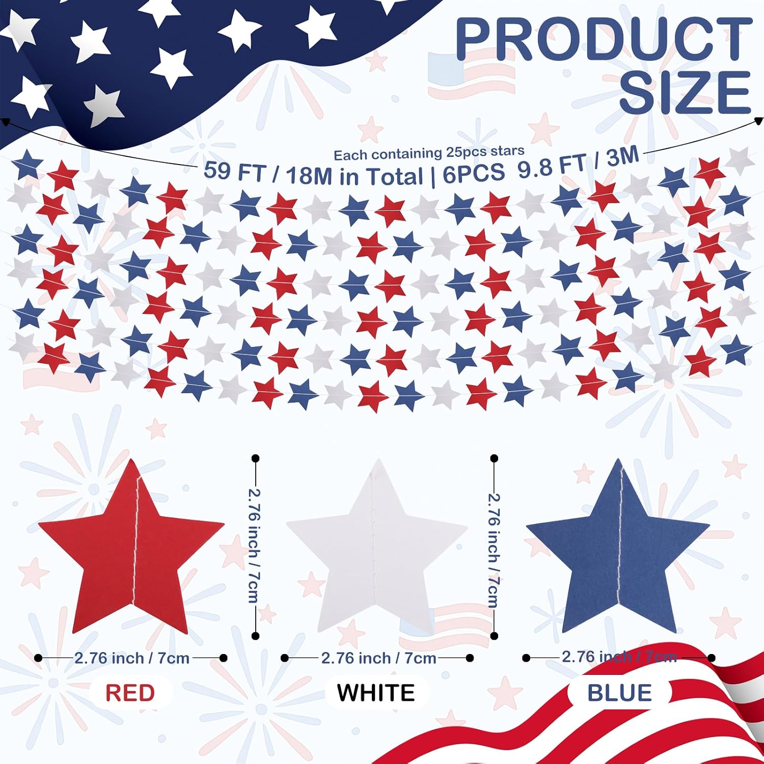 Patriotic Star Garland Banner Streamers 59 FT 6 Strands, Red White Blue Hanging Decorations for 4th of July, Memorial Day, Veterans Day, Indoor Outdoor Celebration