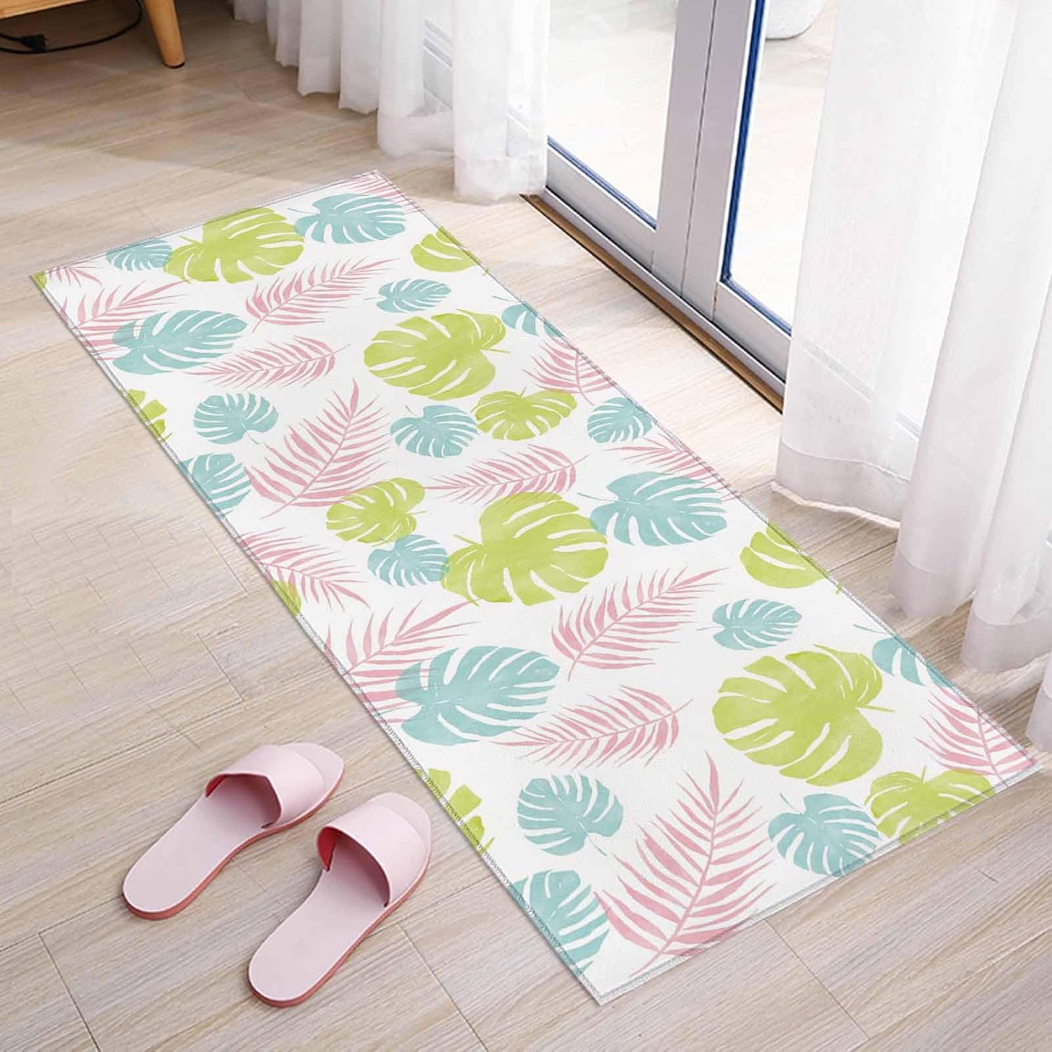 Teamery Kitchen Mats for Floor Watercolor Green Pink Blue Monstera Leaves Washable Non Slip Kitchen Rugs 1PCS, Abstract Plants Absorbent Standing Mats for Sink Bathroom Office Living Room 15.7x47.2in