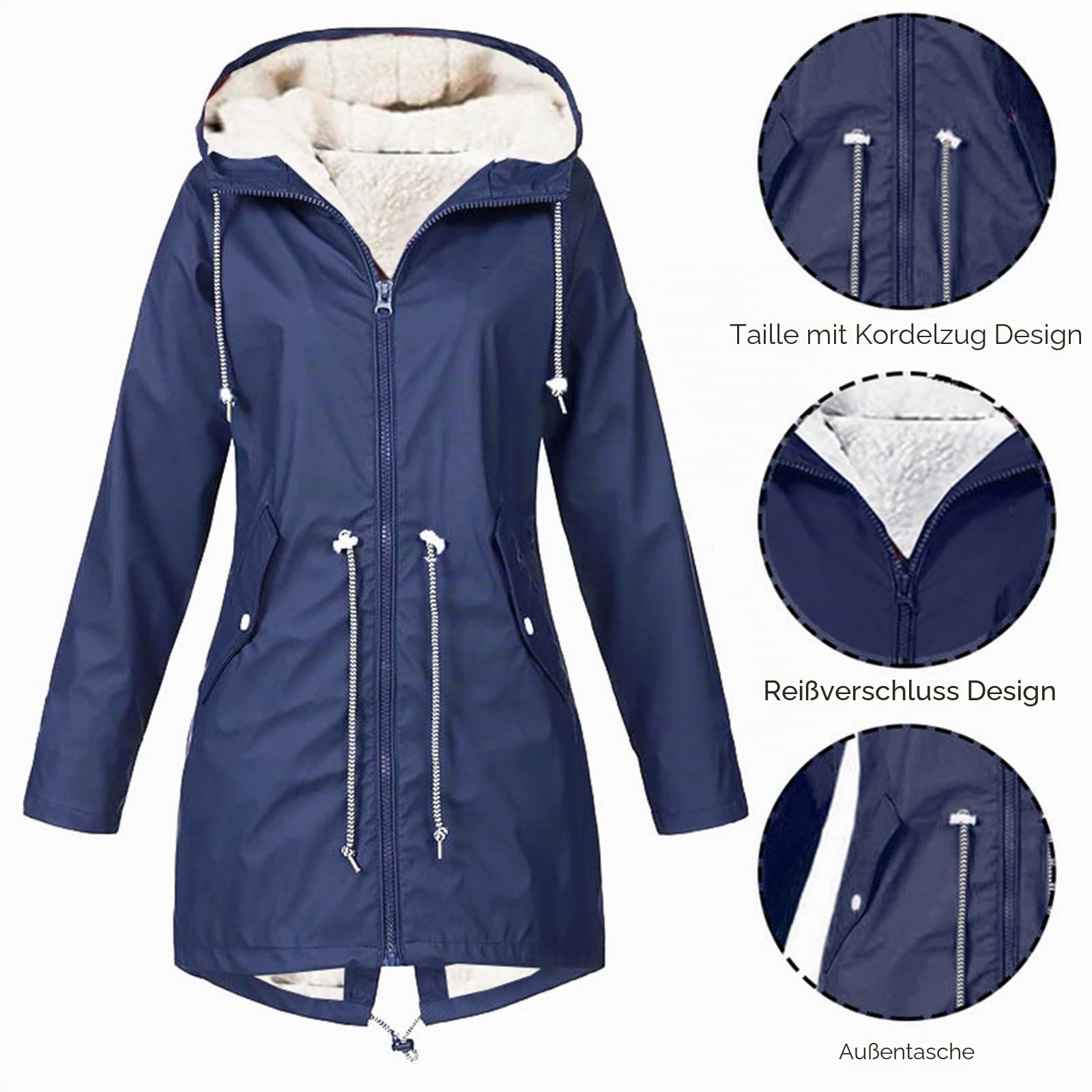 Gefütterte Regenjacke Damen Wasserdicht, Regenmantel Damen Gefüttert Warm,Winterjacke Damen mit Teddyfell Kapuze Outdoor Jacke Mantel Dicke Plüsch Wintermantel Softshelljacke Windjacke Regenmantel
