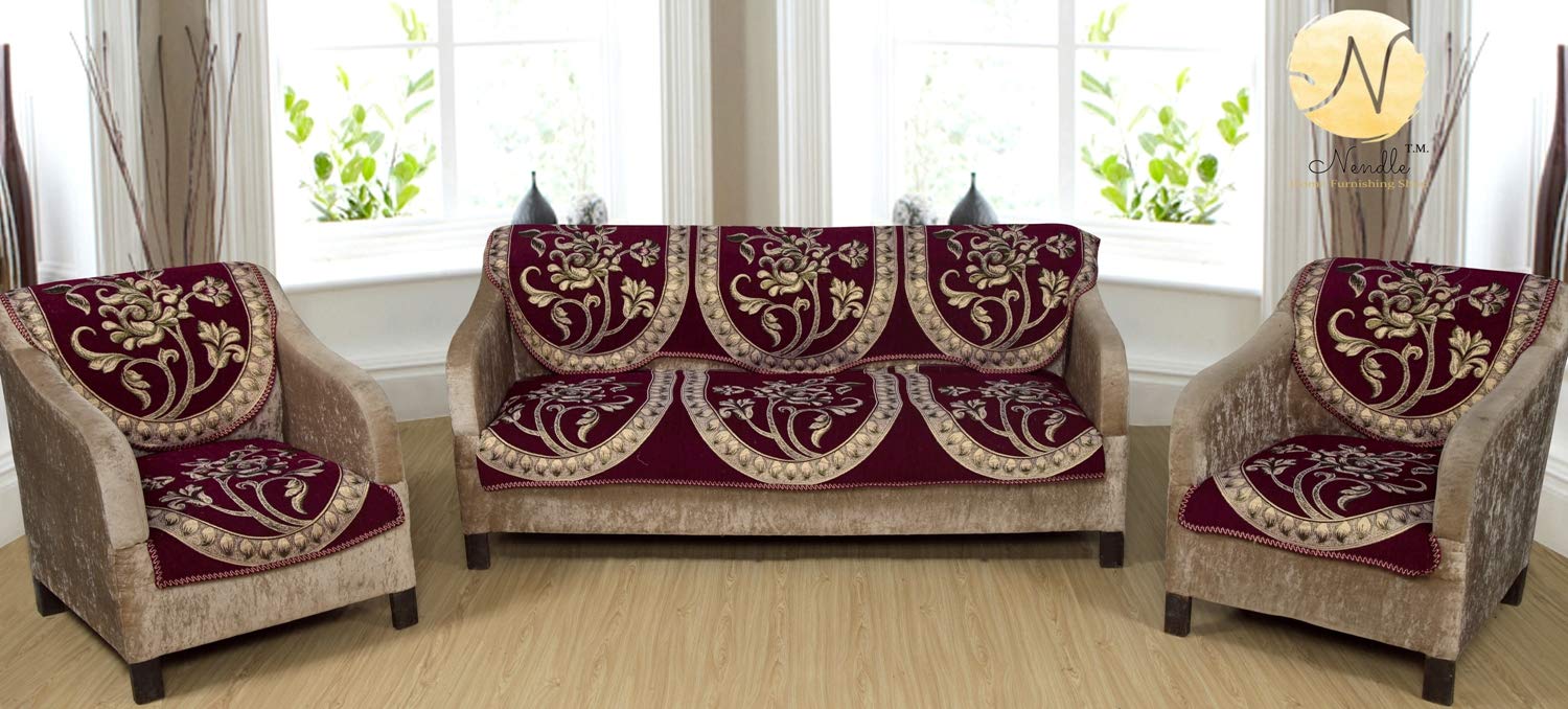 Nendle Soft Smooth Solid Fabric Floral Design Velvet 5 Seater Sofa Covers Set (Maroon, Set of 6 Pieces)-image-24