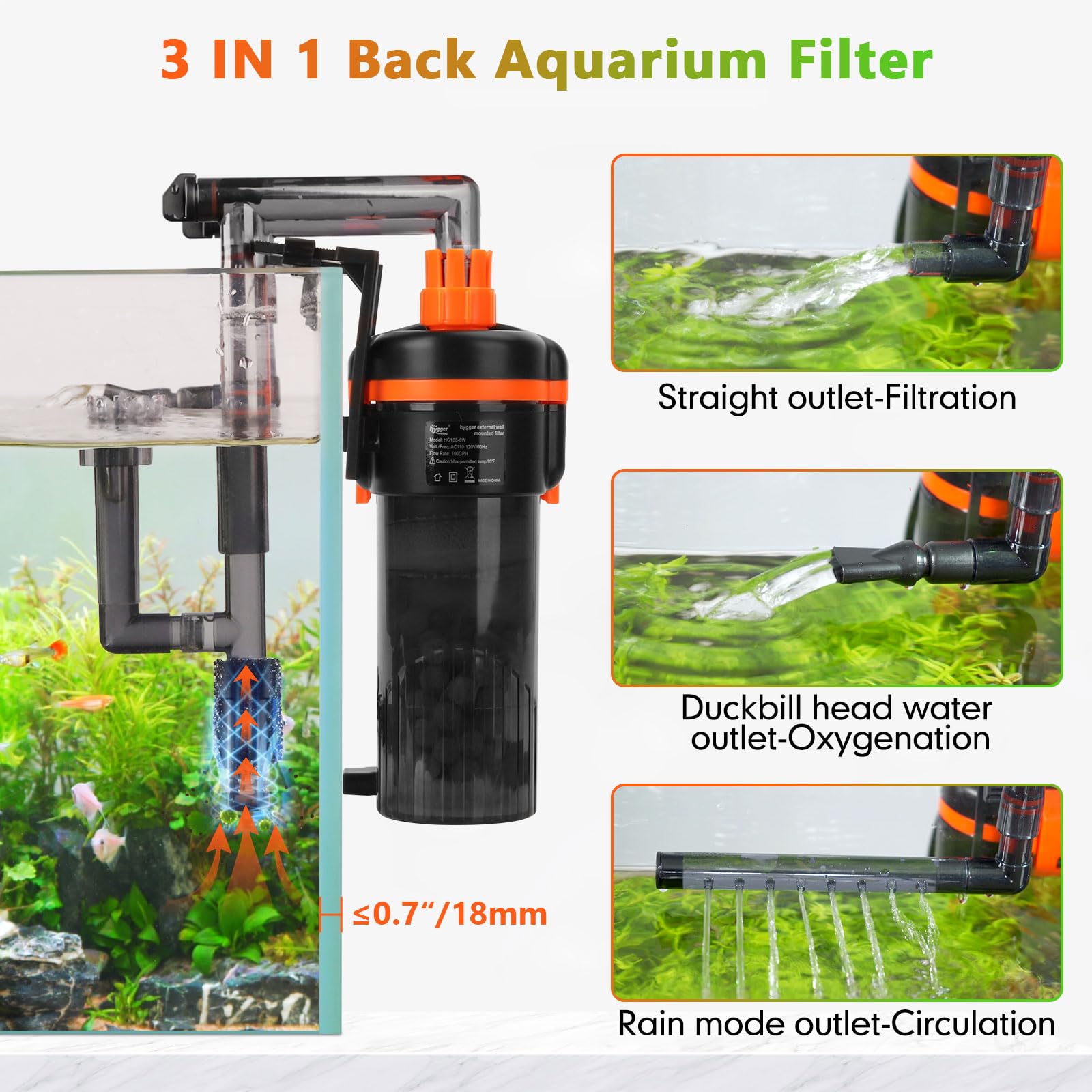 Hygger Filtro Acuario, 380 L/H 6W Filtro Acuario Extern, Silencioso Filtro Acuario Mochil con Boquilla de Pico Pato Salida de Tubo Ducha, Ajustable Aquarium Filter para Tanque de 40-75L