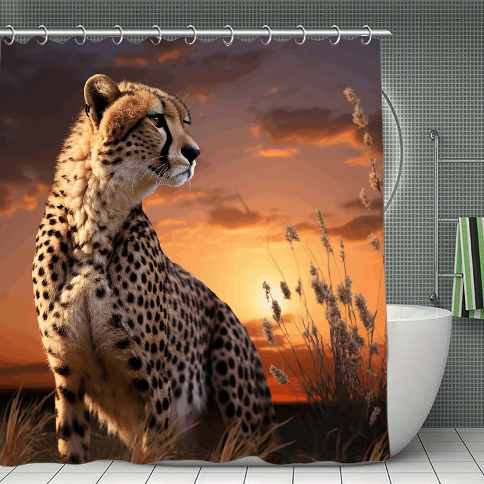 VstaDank Cheetah Looking Out Over Savanna with Sunset Bath Curtain Elegant Heavy Duty Shower Curtains 70x70 in Rustic Farmhouse Cloth Shower Curtains Neutral Modern Bath Curtain for Bathroom