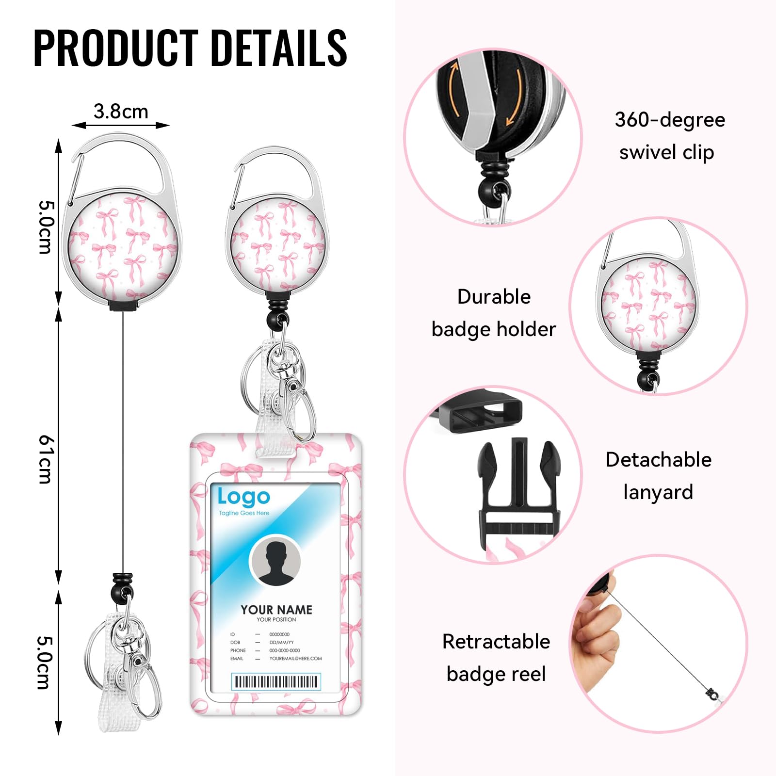 Calkkrer ID Card Holder Sweet Pink Bow Lanyard for Women, Detachable Card Holder for Work ID, Name Tag and ID Cards, Stylish Office Accessories - Image 3
