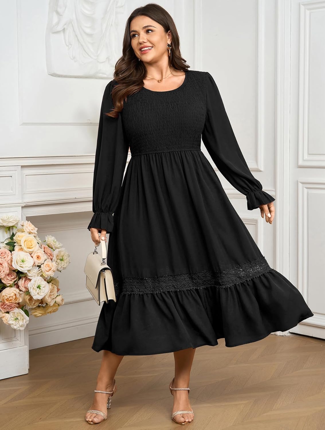 Plus Size Maxi Dress for Women Wedding Guest Fall Smocked Long Sleeve Round Neck Empire Waist Flowy Ruffle Dress 1XL~4XL - Image 2