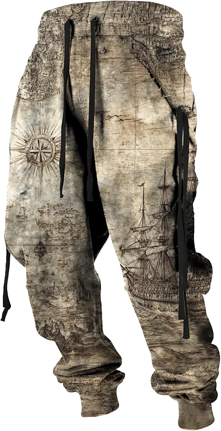 Retro Renaissance Mens Joggers Spring Fall Stylish Drawstring Waist Pants Cool Cargo Sweatpants with Pockets