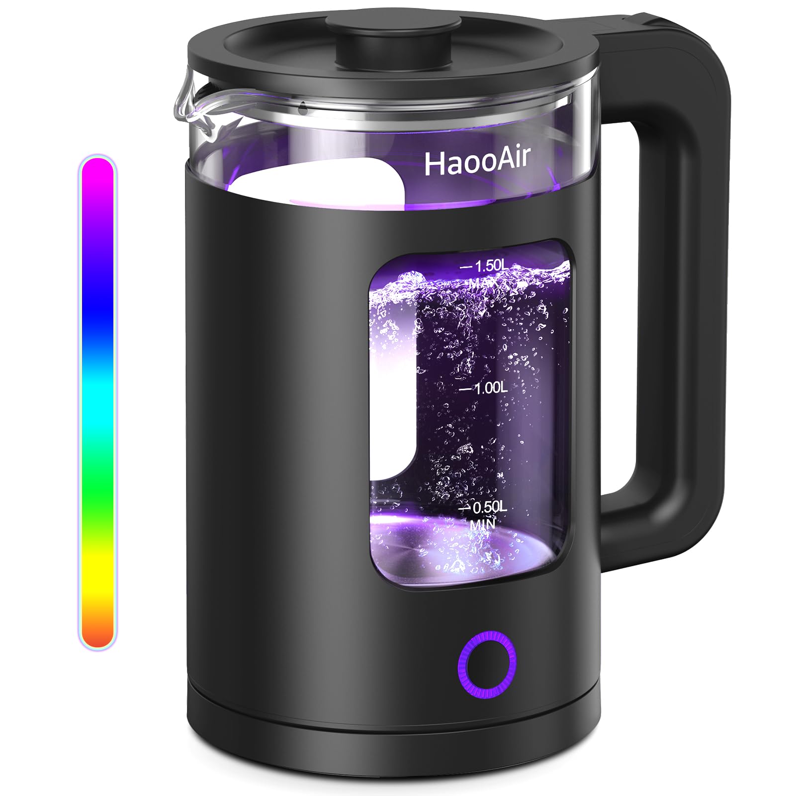 HaooAir 1.5L Glass Electric Kettle – 7-Colorful LED, Fast & Quiet Boil, Stainless Steel Bottom, BPA-Free with Dry-Boil Protection & Black Mat
