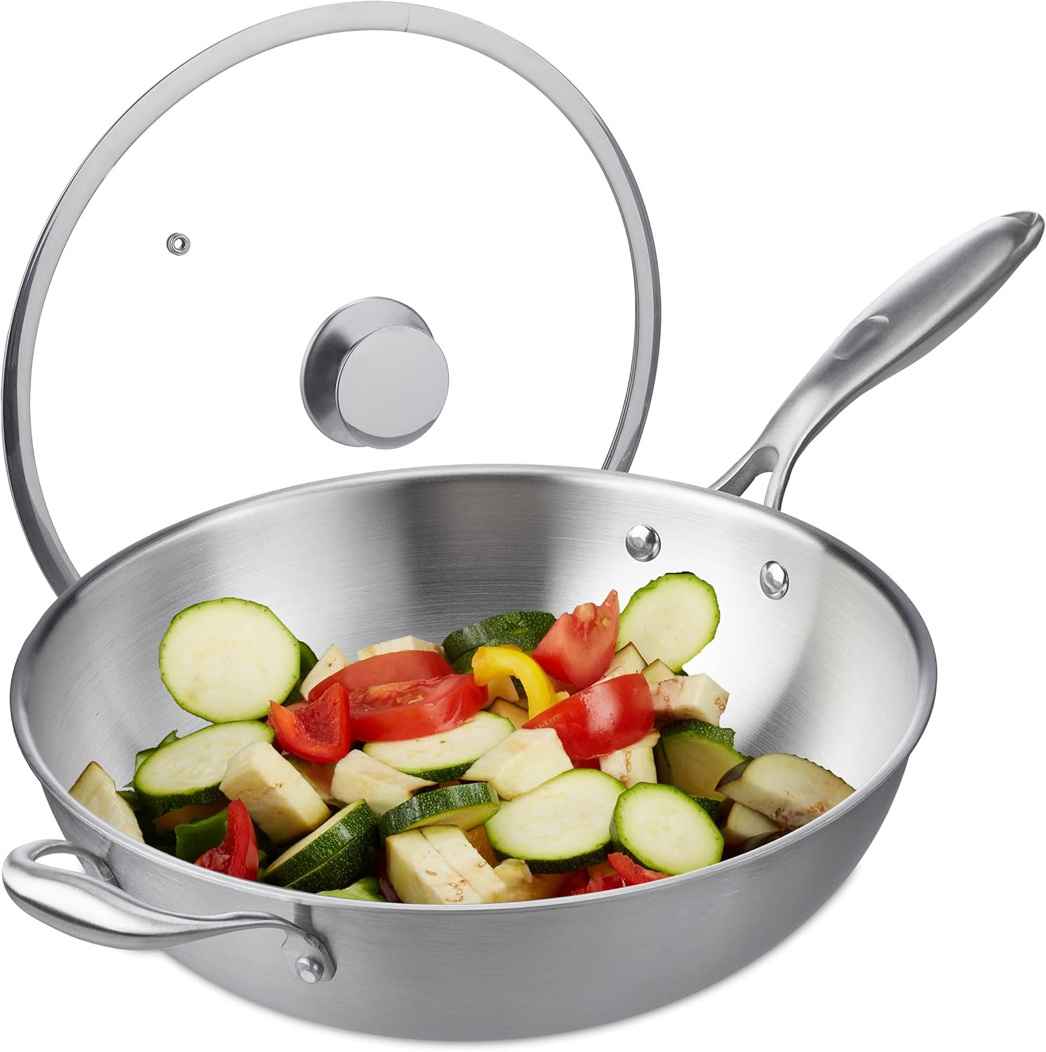 Relaxdays Wok, 32 cm, Uncoated Stainless Steel, Glass Lid, Gas, Induction & Electric Hobs, Stir Fry Pan, Handle, Silver