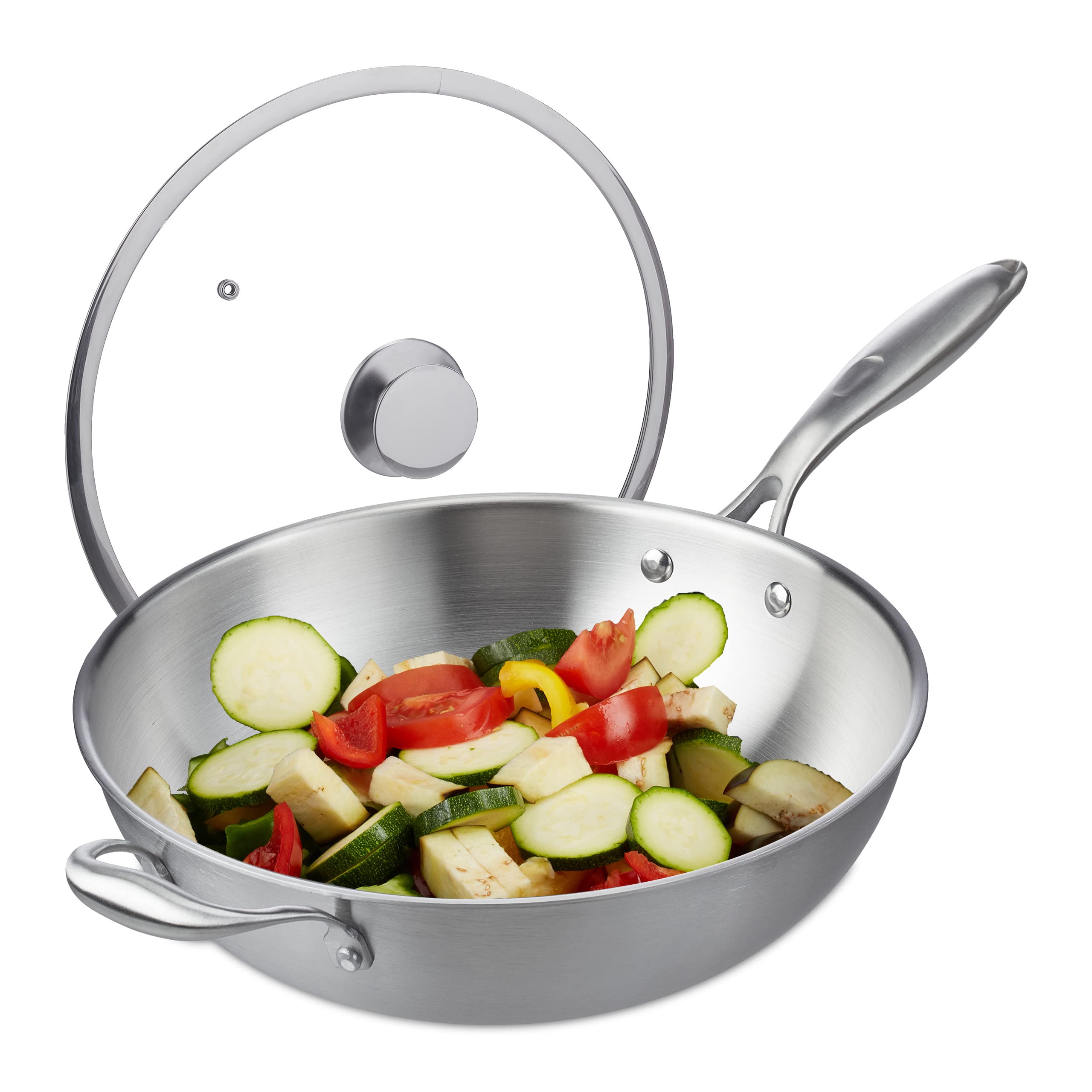 Relaxdays Padella Wok, Ø 32 cm, Acciaio Inox Non Rivestito, Coperchio Vetro, per Fornello Elettrico e Induzione, Argento