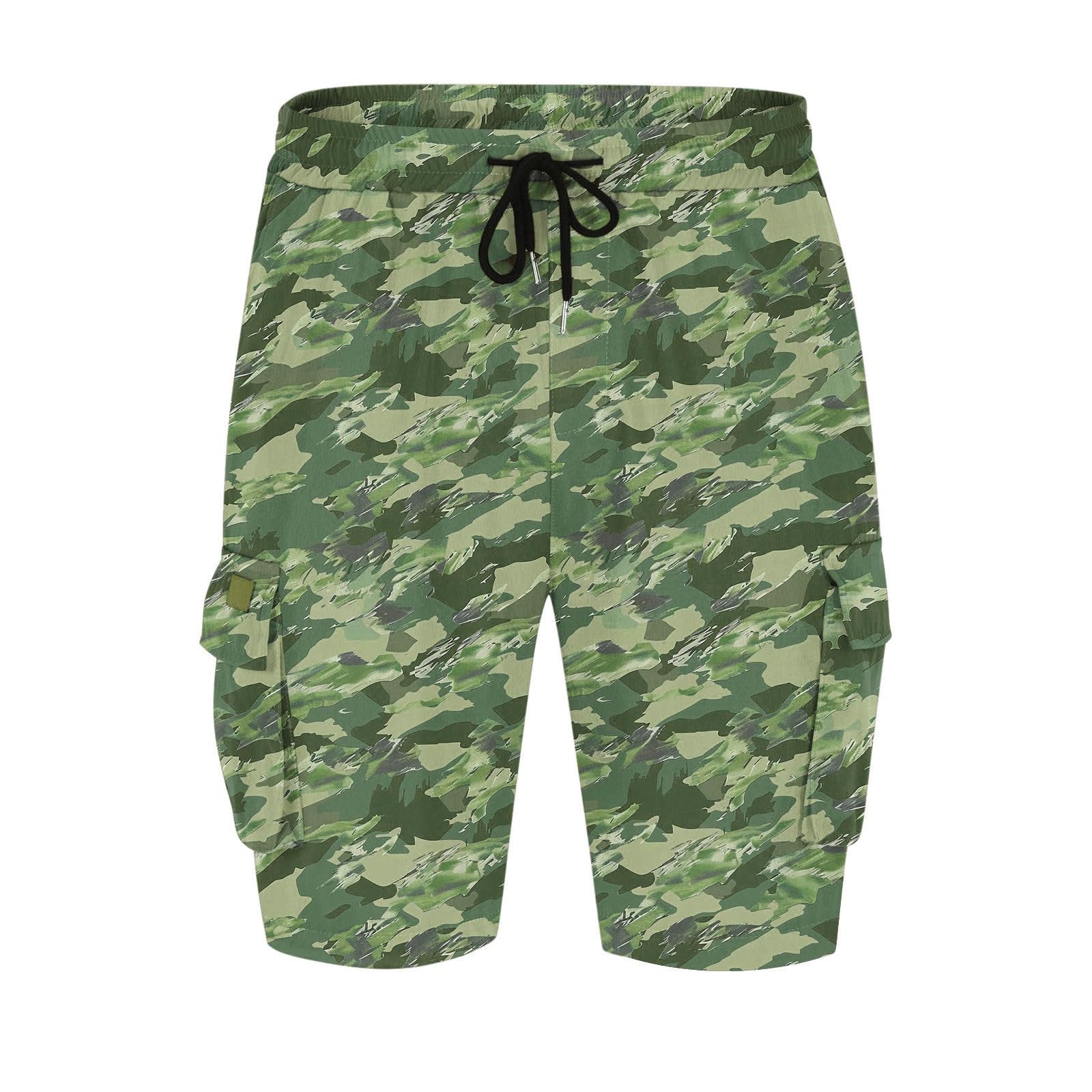 Cargo Shorts Herren Kurze Hosen Sommer Camouflage Hose Kurz Arbeitshose Casual Laufshorts Herrenshorts mit Kordelzug Baggy Cargoshorts Freizeitshorts Männer Outdoorshorts Armeegrün XXL