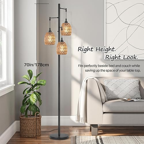Miniatura 5 de Lámpara de pie con 3 bombillas LED de edición, lámpara de pie alta de granja para sala de estar, regulable industrial rústico gris, árbol brillante,