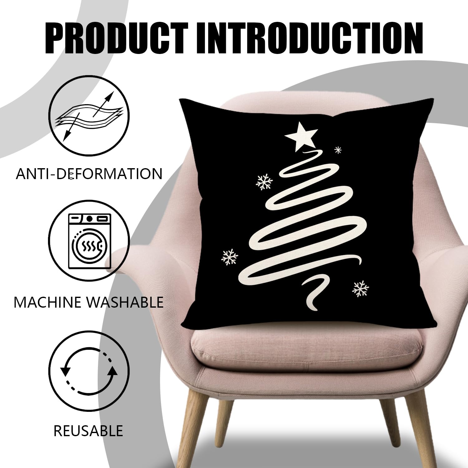 Juego de 4 fundas de almohada de Navidad negras de 18 x 18 pulgadas, decoración de Navidad de granja, copos de nieve, hola invierno, decoración de vacaciones, funda de cojín para el sofá 6