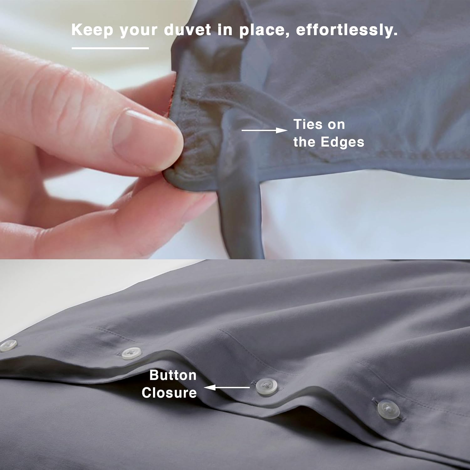 Fabdreams GOTS Certified 100% Organic Cotton Duvet Cover Queen Size - 400 TC Sateen - Soft - Silky - Button Closure - Edge Ties - 1 Duvet Cover (90"x92")+2 Pillow Shams (20"x26") - Light Grey