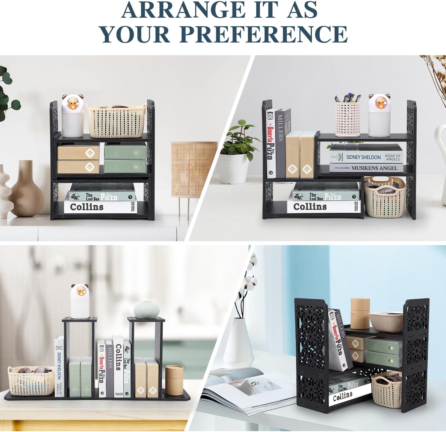 EARTHSON Desk Organizer Shelf, Expandable Bookshelf for Desk, Small Desktop Bookshelf, Mini Cute Adjustable Office Desk Shelves, Black