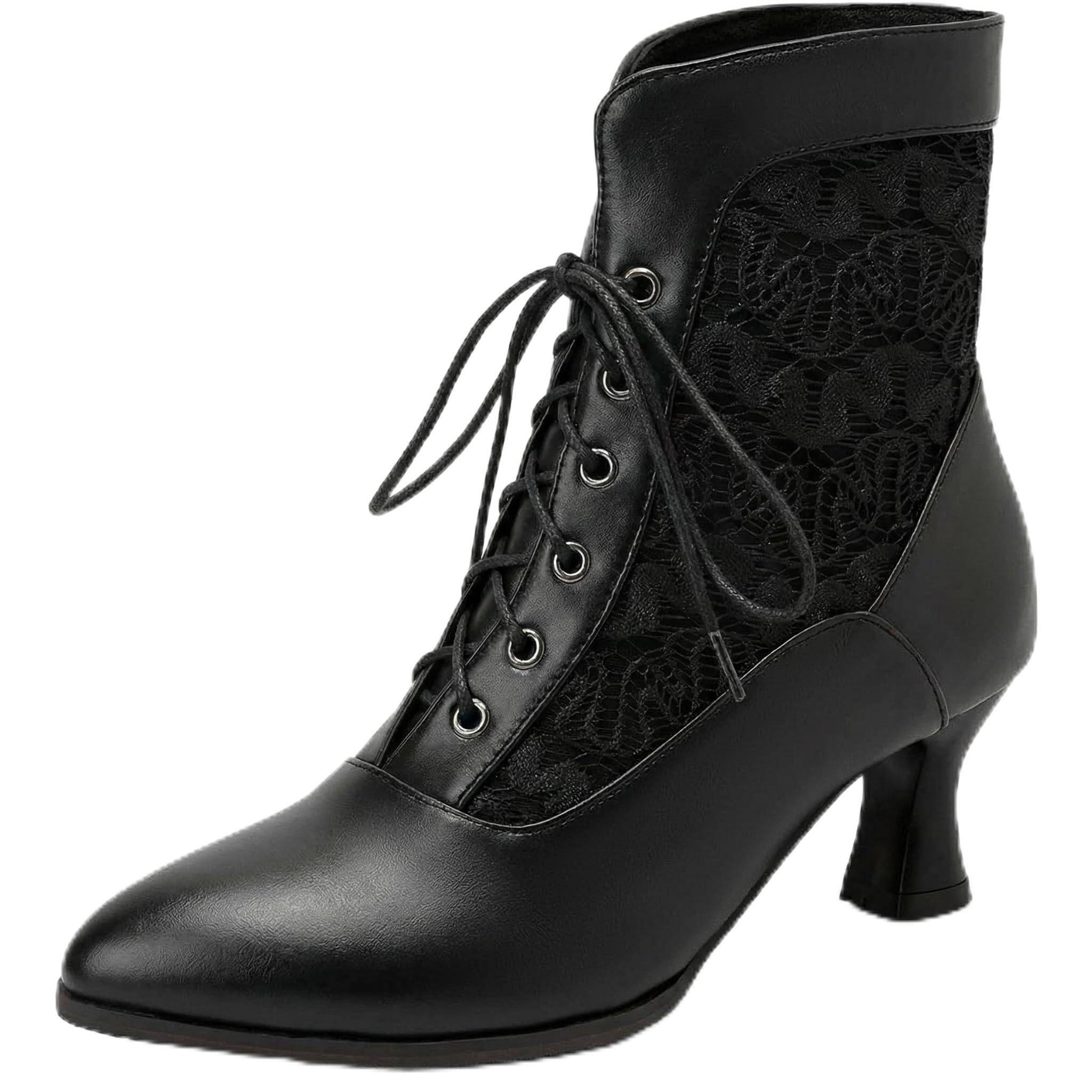 LanreyTaley Women Victorian Lace Booties Wedding Bridal Ankle Boots Witch Costume Boots Mid Heel