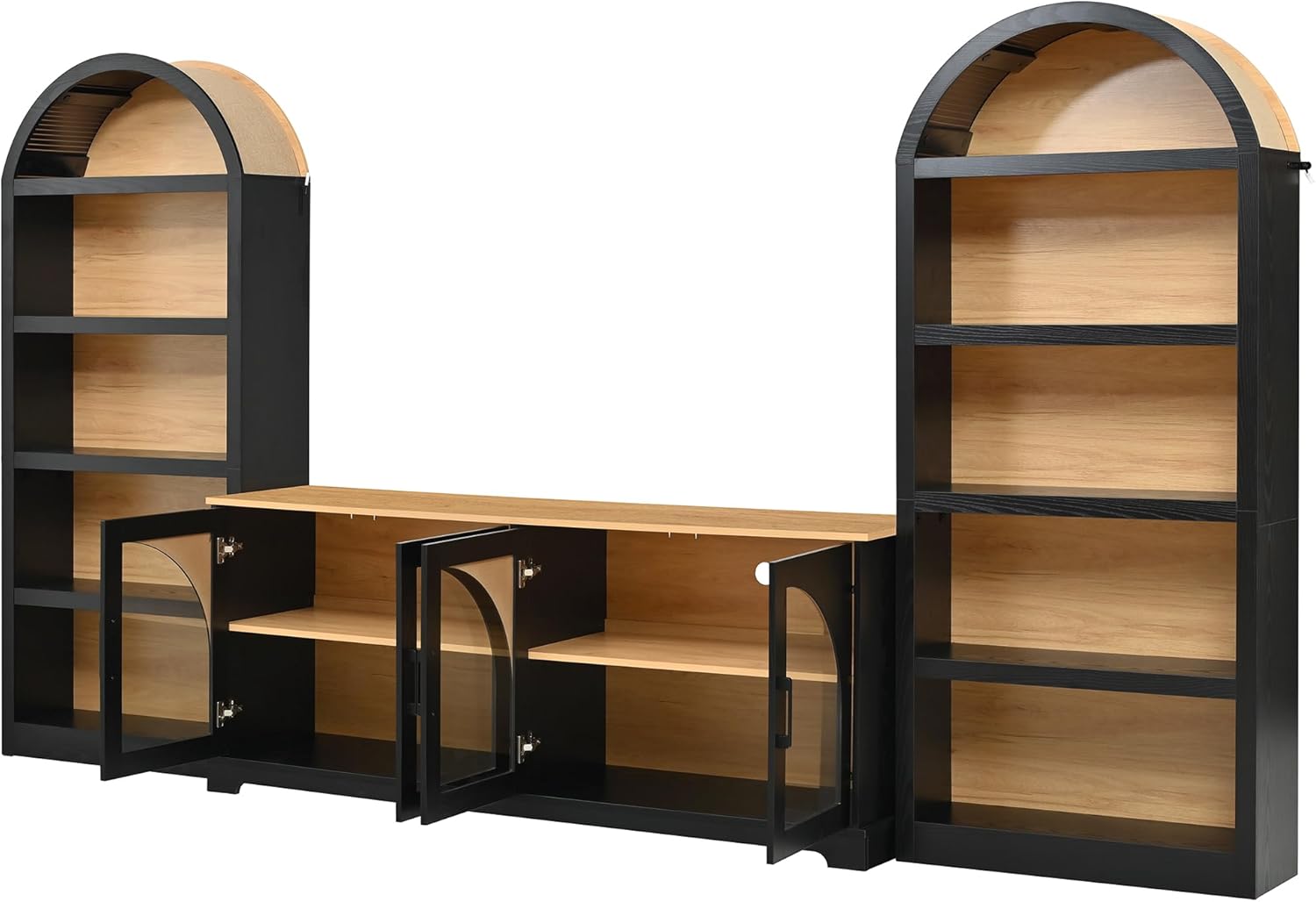 3-Piece Retro TV Stand Set with Bookshelf for TVs Up to 70", Two-Tone Wood Grain Entertainment Center with Arched Design,Sideboard with Tempered Glass Doors (Black+Natural-Arched)