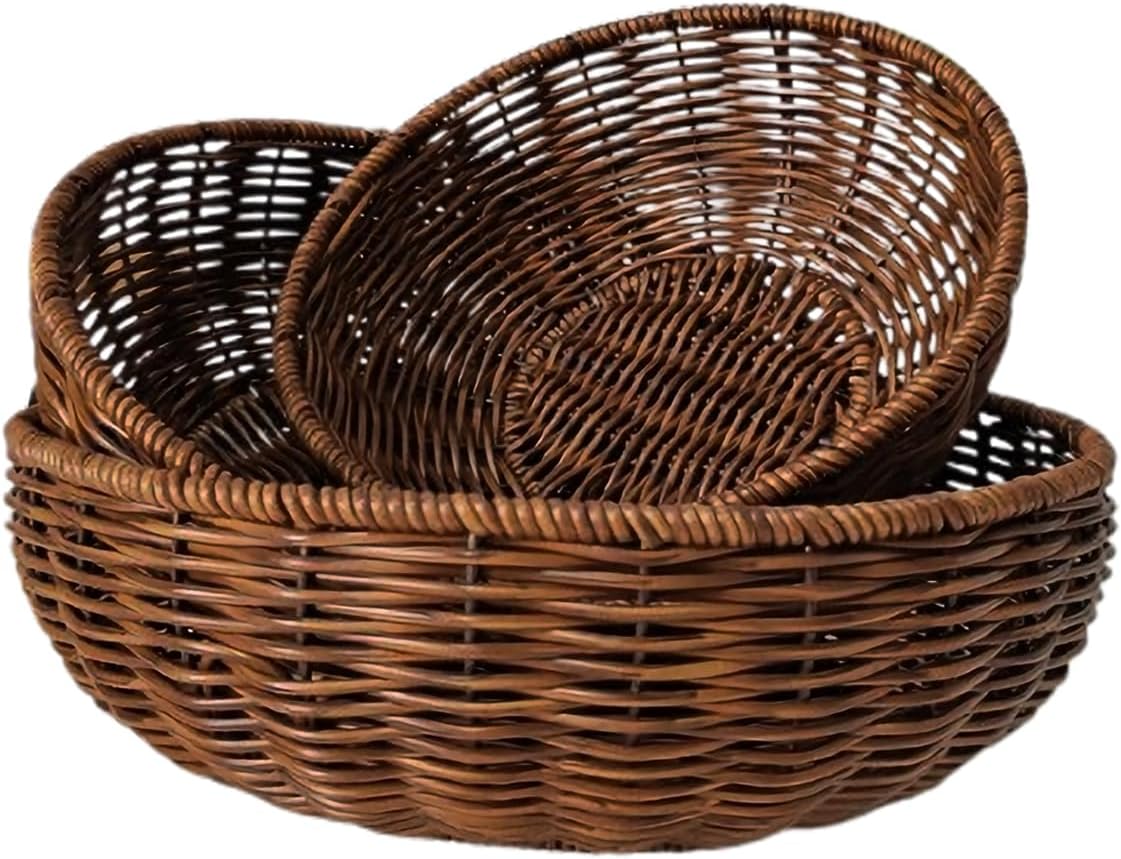 Set of 3 Small Round Wicker Baskets, Fruit Bread Baskets for Serving, Handwoven Rattan Bowl Storage Organizer for Kitchen Brown