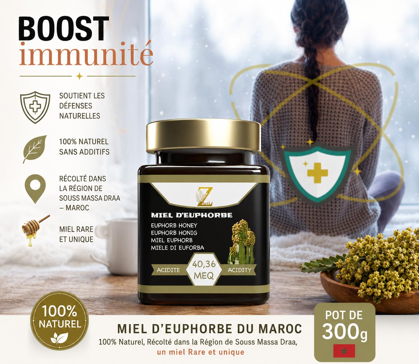 Miel d'Euphorbe 100% pur & Naturel. Miel Cru de Daghmous. Vraie Premium - Pot de 300g - Recueilli Au Maroc. Une Grande Variété De Saveurs Délicieuses.