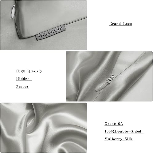 Vista 21 de DISANGNI Funda de almohada de seda de morera 100% natural para cabello y piel con cremallera oculta, 22 momme ambos lados