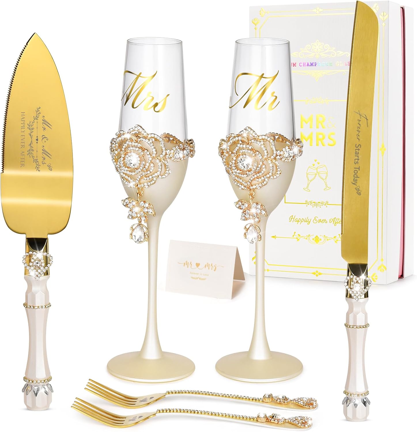 Engagement Gifts for Couples, Wedding Cake Knife and Server Set, Luxury Handcrafted Champagne Flutes with Rhinestone Rose and Pendant Drop, Cake Cutting Set for Wedding, Bride and Groom Gift-ready Box