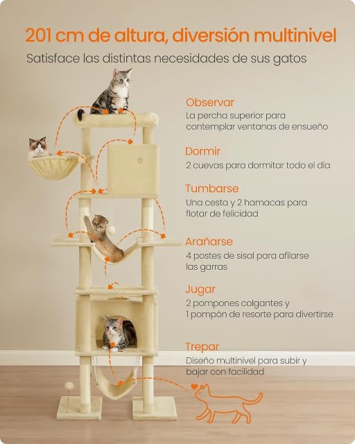 Foto 4 de 7 de Feandrea Árbol Grande para Gatos, Rascador Multinivel para Gatos XXL, 201 cm de Altura, con una Plataforma