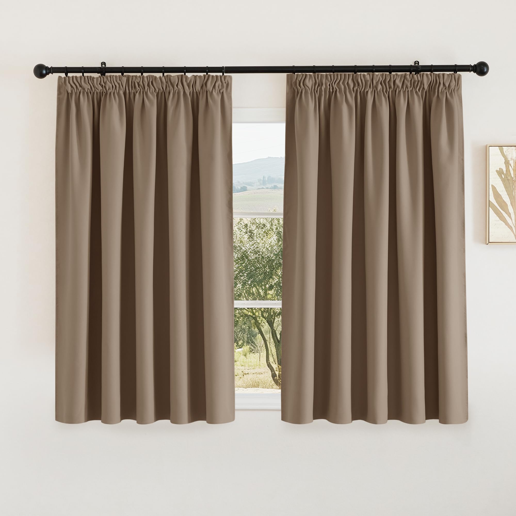 Pony Dance Cappuccino Plain Blackout Curtain - Heavy Duty Thermal Insulated Short Pencil Pleat Blackout Curtain Drapes For Bedroom/Noise Reducing/Warm Protecting, 2 Panels, W66 X L54,