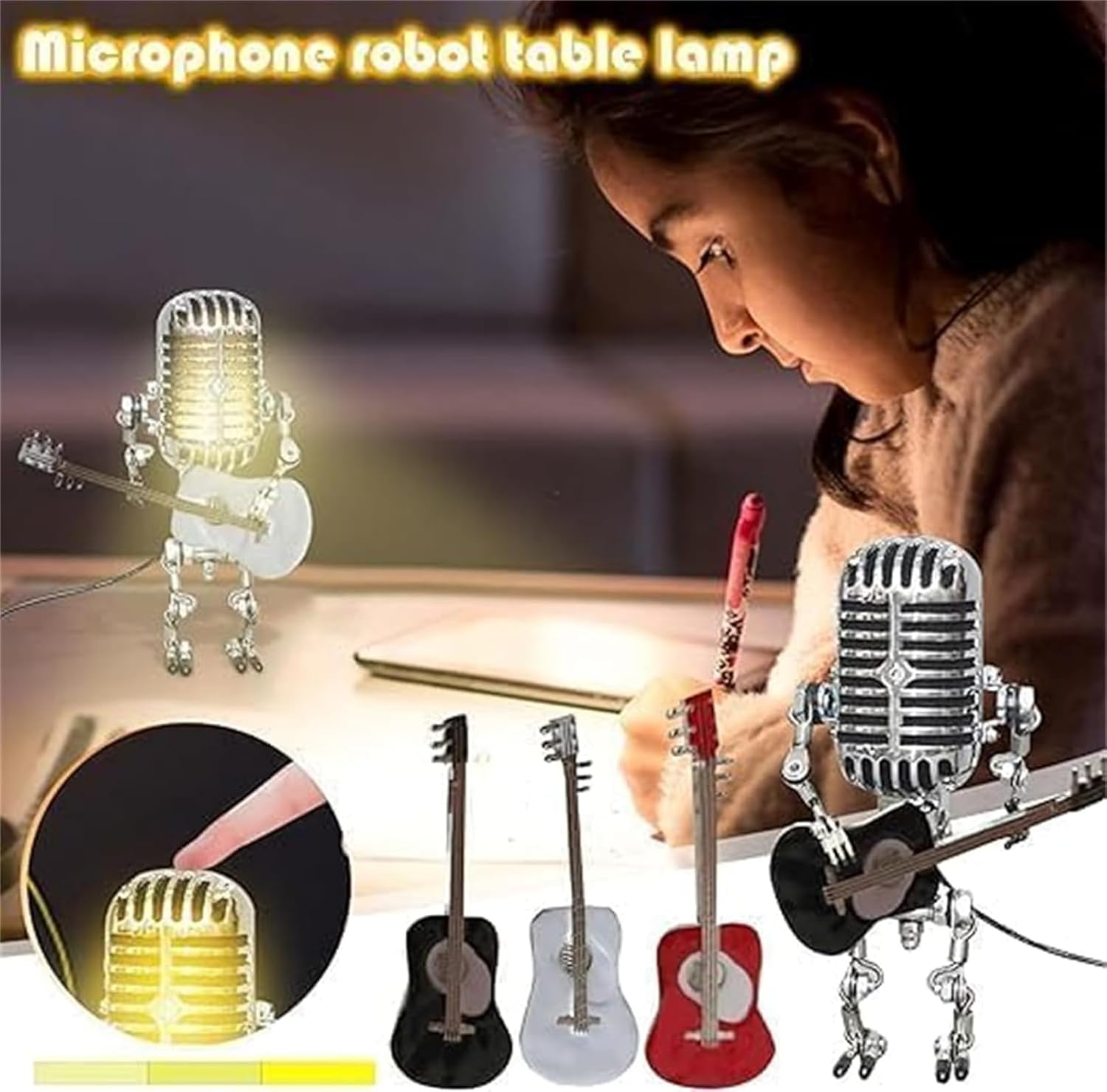 Mic Rockbot, Mic Rockbot, Mic Rockbot, Mic Rockbot, Microphone Robot Desk Lamp, Metal Microphone Robot Lamp Mini Guitar Night Light Decoration (Yellow+Black)