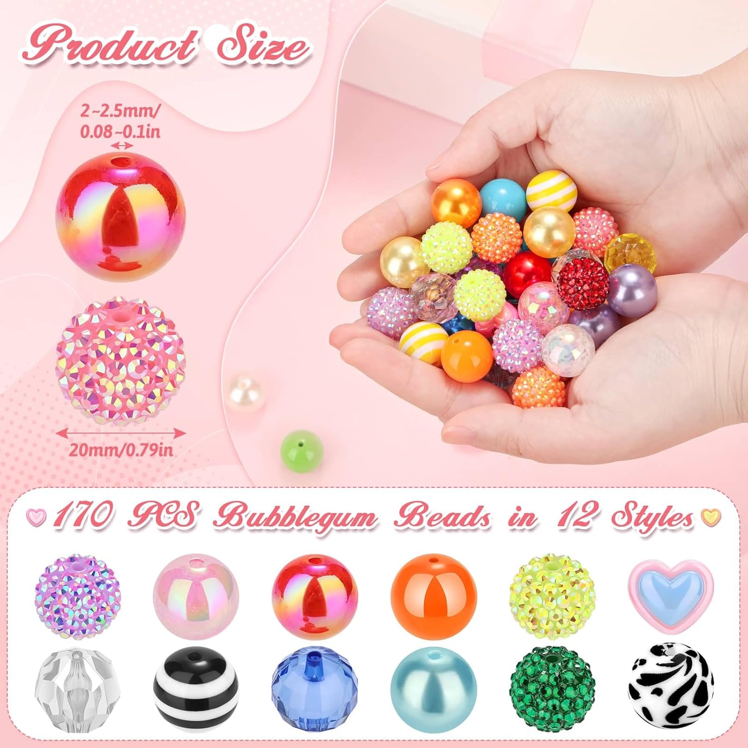 110 Pcs 20mm Beads for Pens Making with 60Pcs Rondelle Spacer Beads, Bubblegum Beads Mixed Crystal Resin Chunky Beads Sugar Beads for Beadable Pens Supplies Keychains DIY Craft