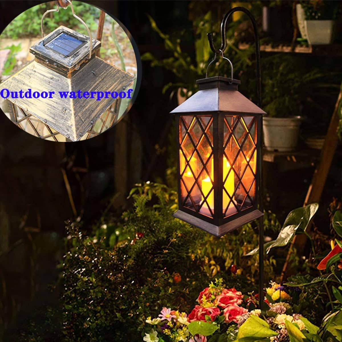 Solar Outdoor Laterne, Garten Hängende Wasserdichte Laternen, 3 LED Flackernde Flammenlose Kerze, PVC, für Garten Dekor Geschenke (2 Pack)