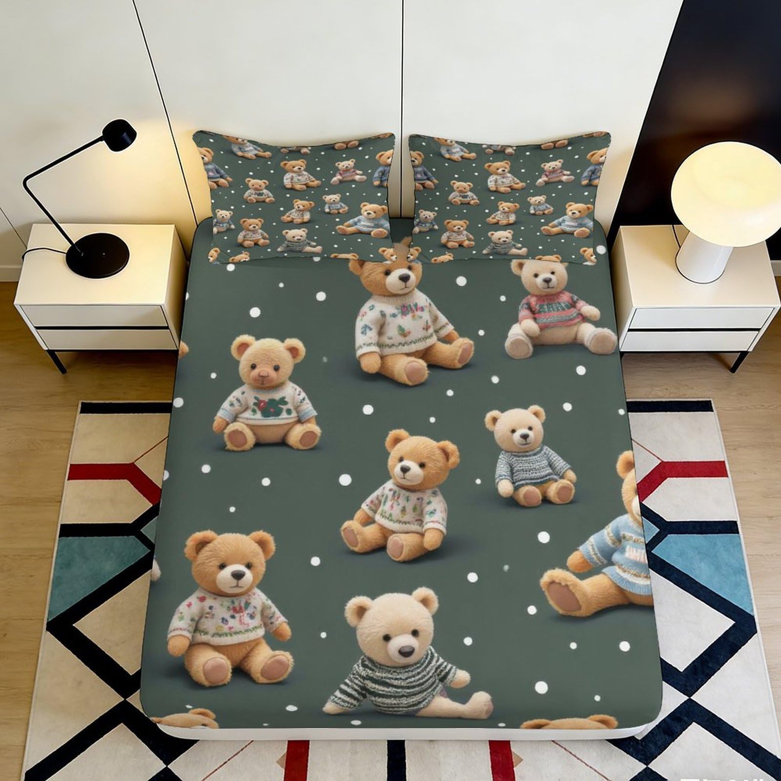 3D Printed Teddy Bear Fitted Sheet Microfiber Soft Breathable Plush Toy Bed Cover for Bedroom Dormitory Guest Room Mattress Protection Decor 200x200x25cm
