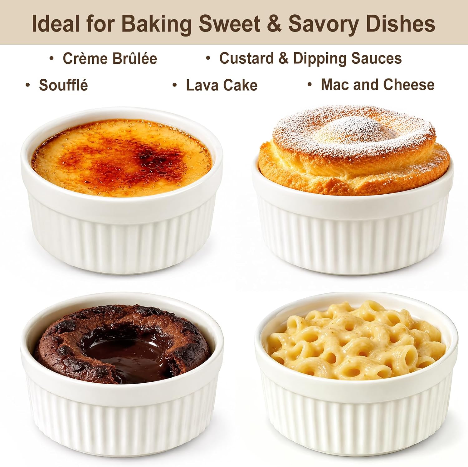 Ramekins 4 oz Oven Safe, Porcelain Creme Brulee Ramekins Pudding Custard Cups Baking Individual Desserts, Ceramic Souffle Dishes Baking Bowls Go in the Dishwasher Set of 4