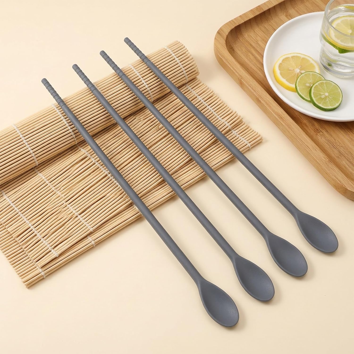 4 Pcs Silicone Stirrers, 11" Dual Ended Reusable Stir Sticks, Multipurpose Long Spoons for Coffee Iced Tea Cocktail Milk Honey Kitchen Bar
