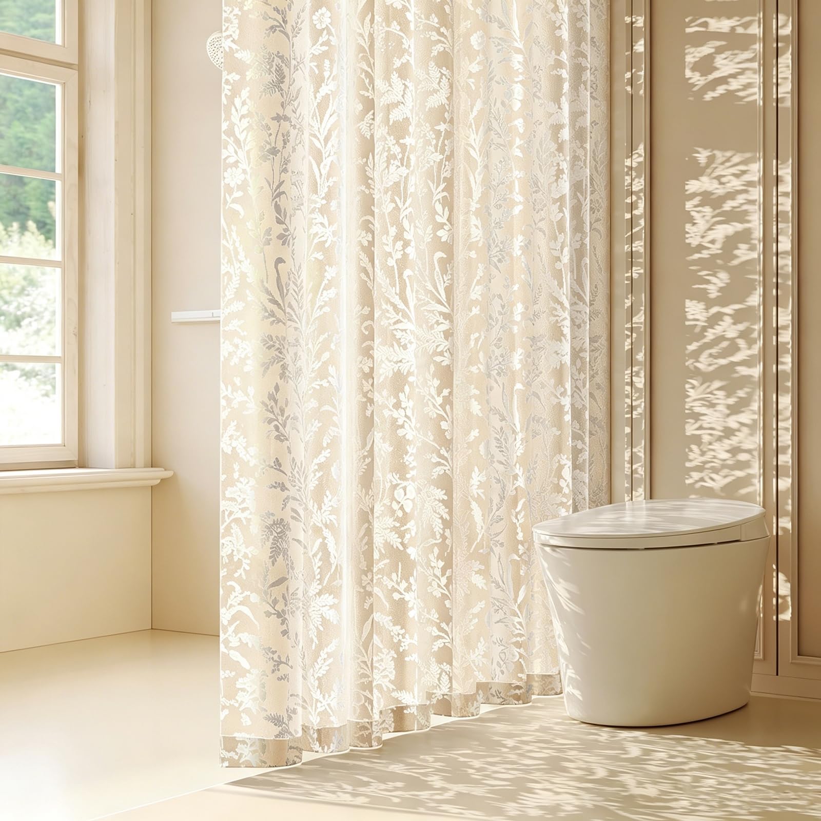 Generico Tenda Doccia Idrorepellente con Motivo Floreale in Rilievo, Tenda da Bagno traslucida Che Protegge la Privacy con Ganci,Bianca,150x200cm(59x79inch)