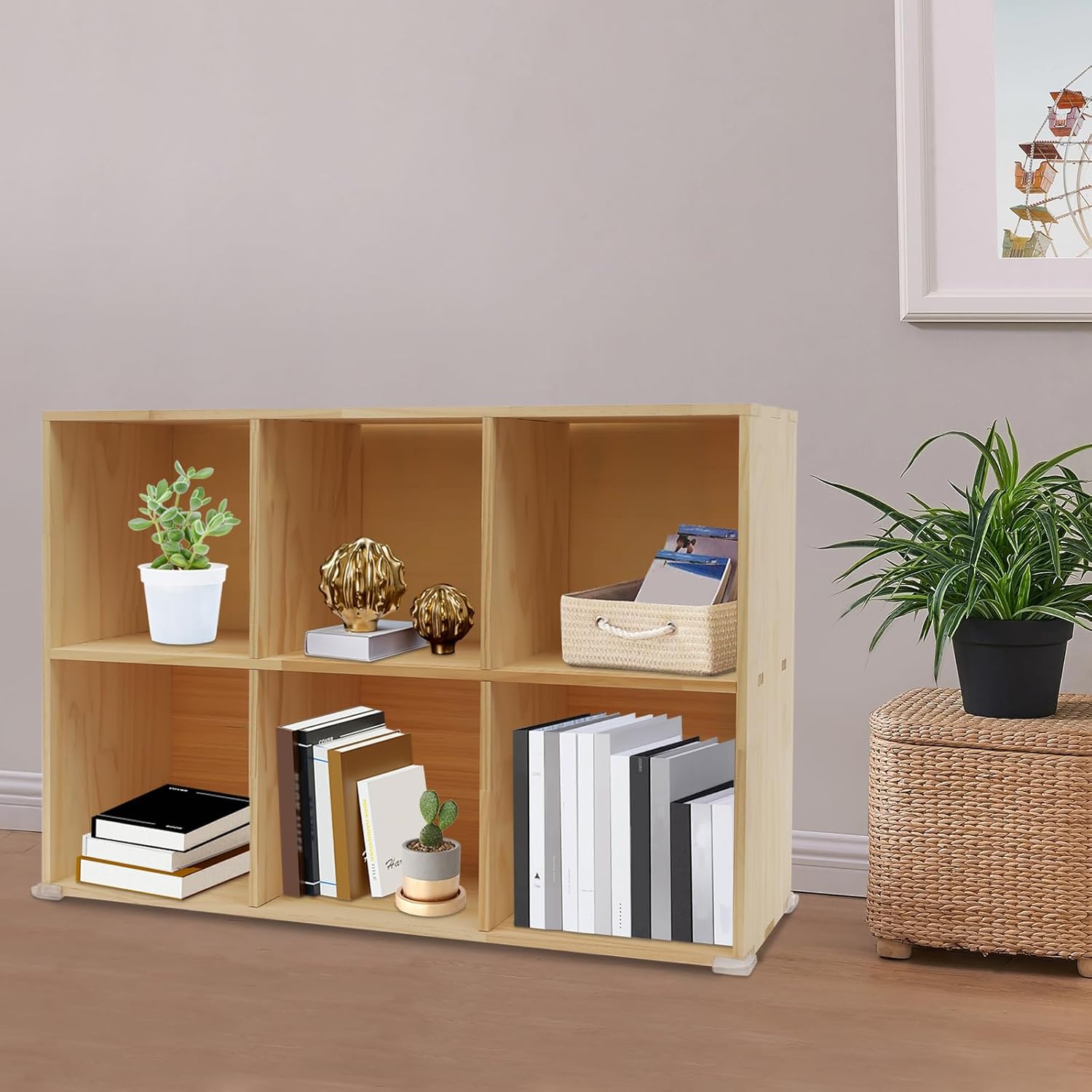 6 Cube Solid Wood Bookcase, 35.43*11.81*23.62in Storage Shelf Organizer Floor Standing Bookcase Semi-Open Floor Display Shelf Closet Cabinet with Protective Covers for Living Rooms Bedrooms Kitchens