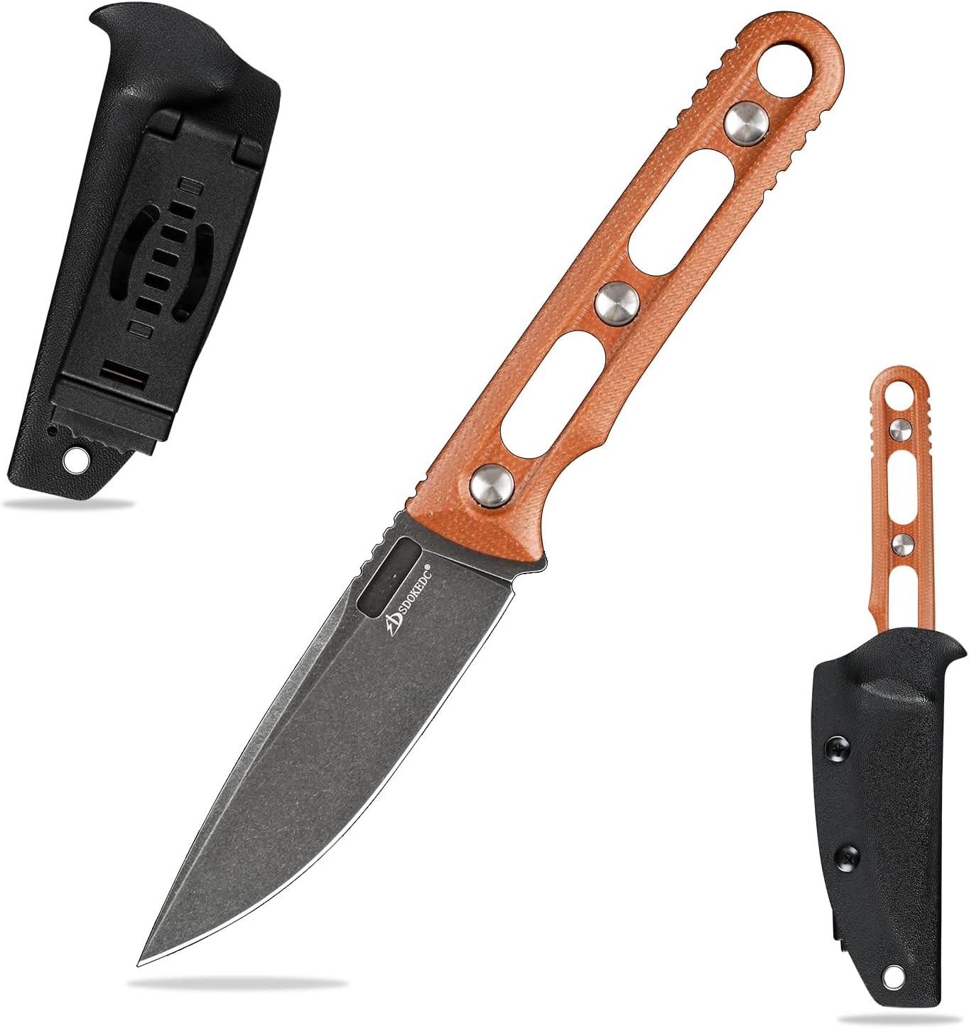 Knives DC53 Steel 3.66“Tactical Fixed Blade Knife Micarta Handle with kydex sheath for Men EDC Outdoor Camping Survival Hunting (Black stone wash+brown handle)