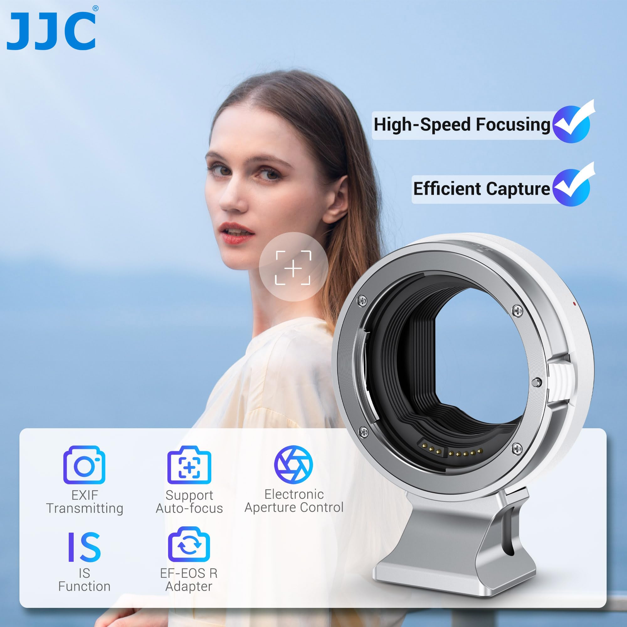 JJC Adapter do montażu EF/EF-S na EOS R AF, metalowy uchwyt, odłączana stopka statywu 1/10.2 cm-20, konwerter adaptera automatycznego ustawiania ostrości, kompatybilny z Canon EOS R1 R Ra RP R3 R5II