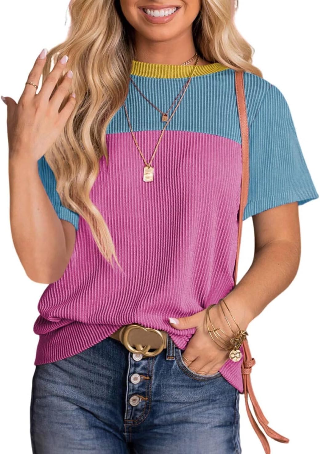 BLENCOT Women Tops Color Block Crewneck Casual Oversized Tshirts Knit Summer Tees Blouse S-2XL