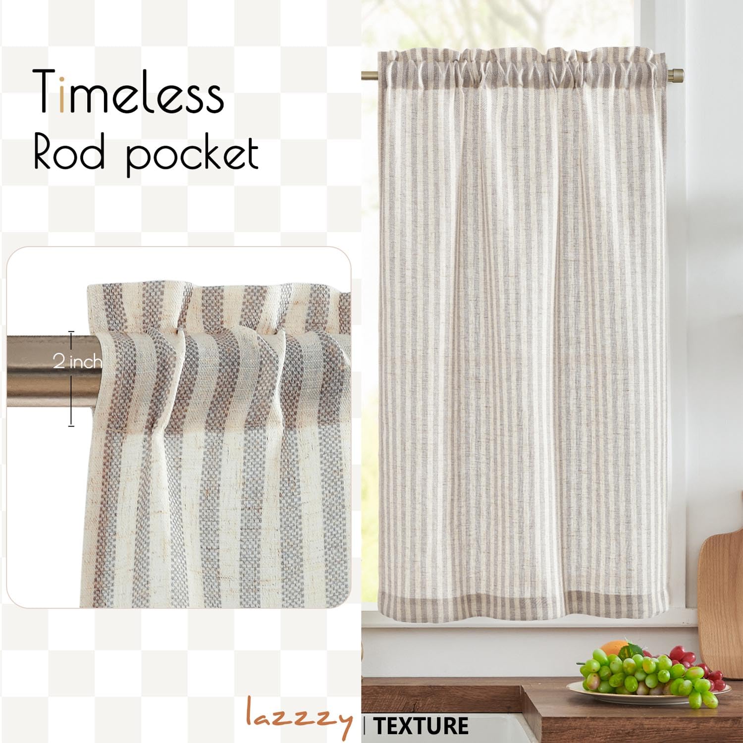 Lazzzy Cortinas de cocina cortas, diseño de rayas de café, cortina de ventana de baño, cortinas pequeñas de café, bolsillo superior de barra, 2 paneles de 36 pulgadas, gris
