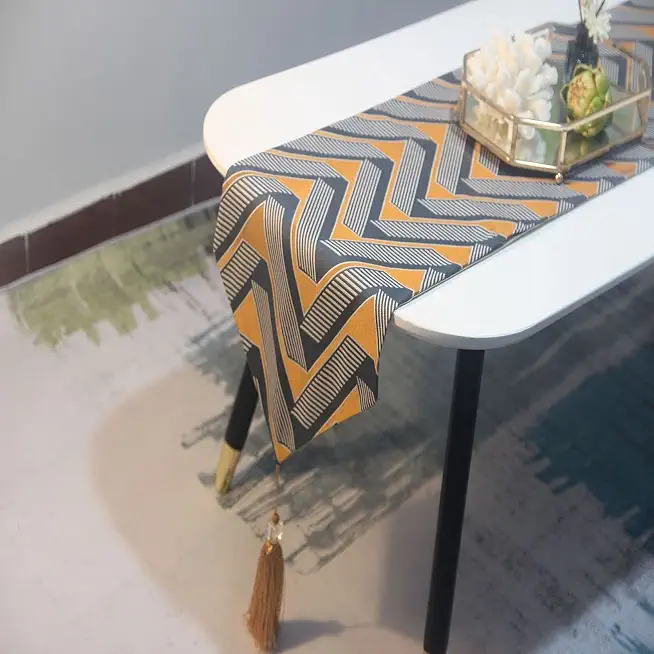 Table Runner Grey - Geometry Thickly Cotton Linen Table Cloth, for Kitchen Home Tablecover, Bedding Dining Room Party Holiday Decoration,33x180cm