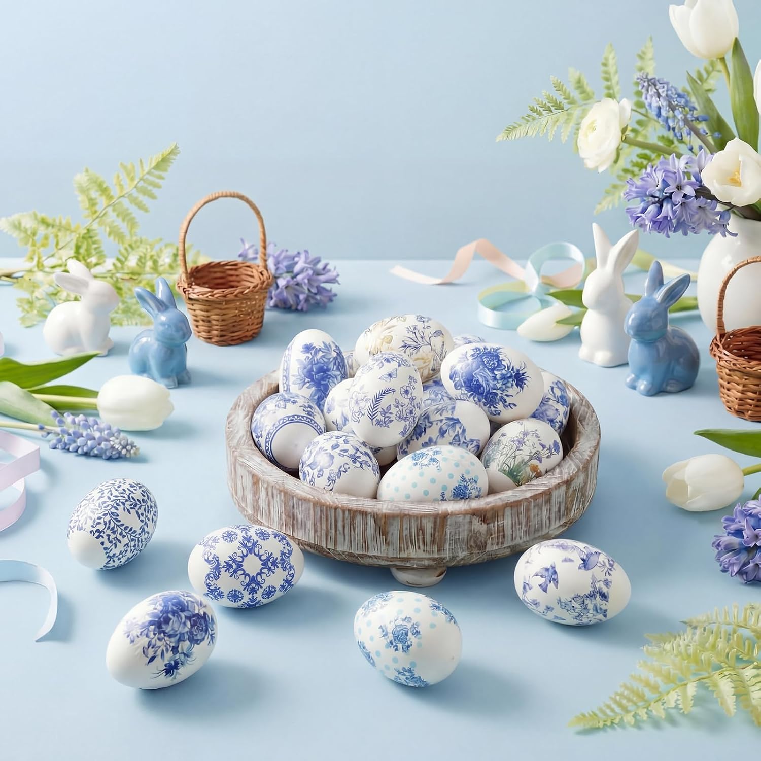Teyva Daily 20 Sets Easter Egg Craft Decoupage Kit White Plastic Easter Eggs with Floral Decoupage Paper Napkins DIY Art Crafts with Brush Glue Set for Home Office Party Decor(Blue and White Flower)